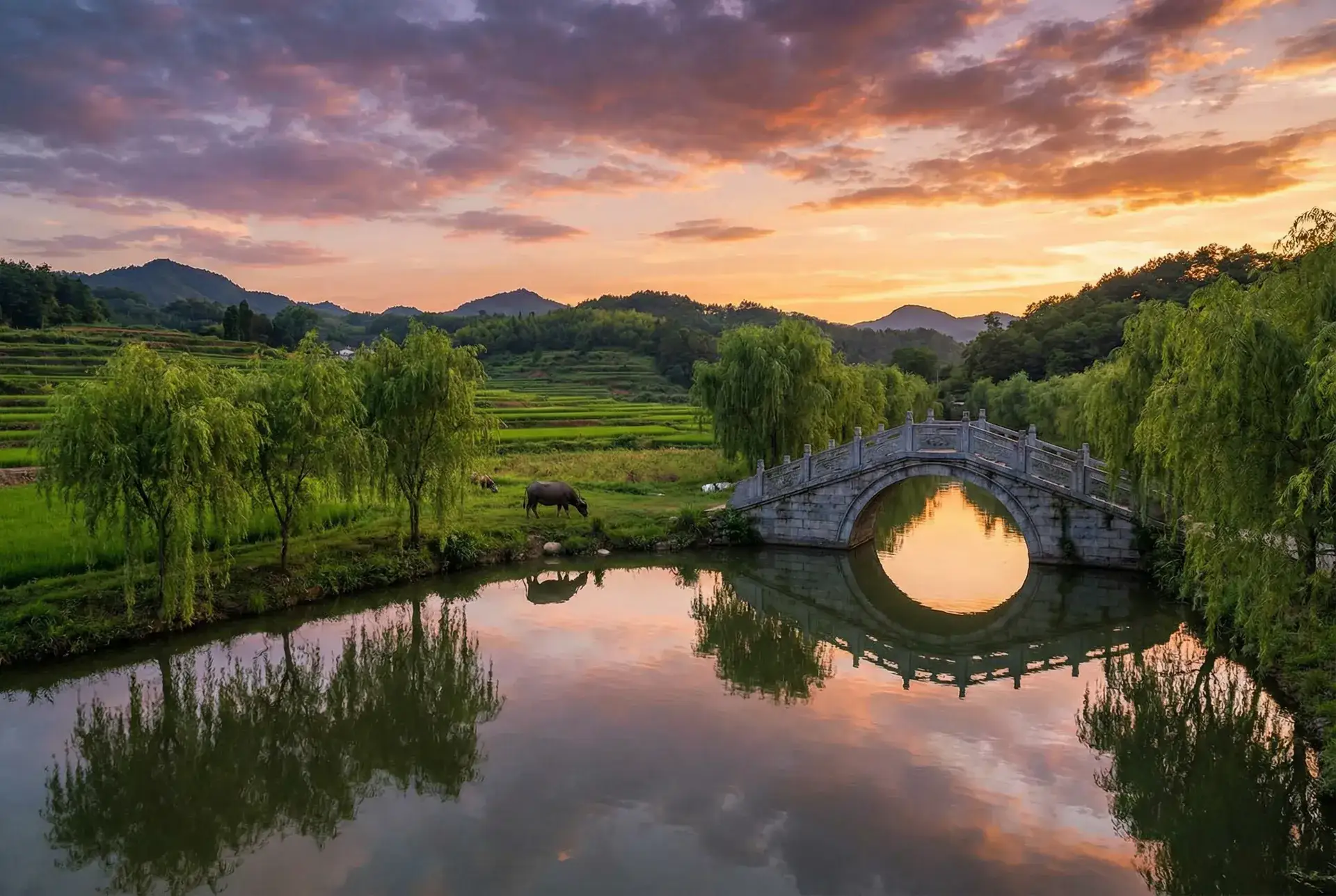 夕阳下的石拱桥与垂柳，水牛在河边吃草 - 博物馆奇妙夜1 乡村美景